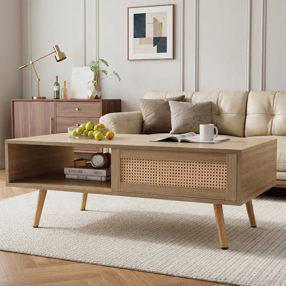 41.34" Rattan Coffee Table, Sliding Door For Storage, Solid Wood Legs, Modern Table for Living Room, Natural