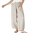 thumbnail image 2 of Bloomae Womens Wide Leg Pants Cotton Linen Barrel Pants Casual Smoked Elastic Waisted Comfy Baggy Lounge Trousers with Pockets Beige L, 2 of 9