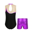 thumbnail image 2 of Yeahdor Kids Girls Gymnastics Dance Outfit Metallic Striped Leotard Sheer Mesh Patchwork Bodysuit with Metallic Shorts Purple 10, 2 of 7