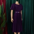 thumbnail image 3 of AURA Womens Elegant A Line Midi Dress Puff Short Sleeve Round Neck High Waist Zipper With Belt, 3 of 9