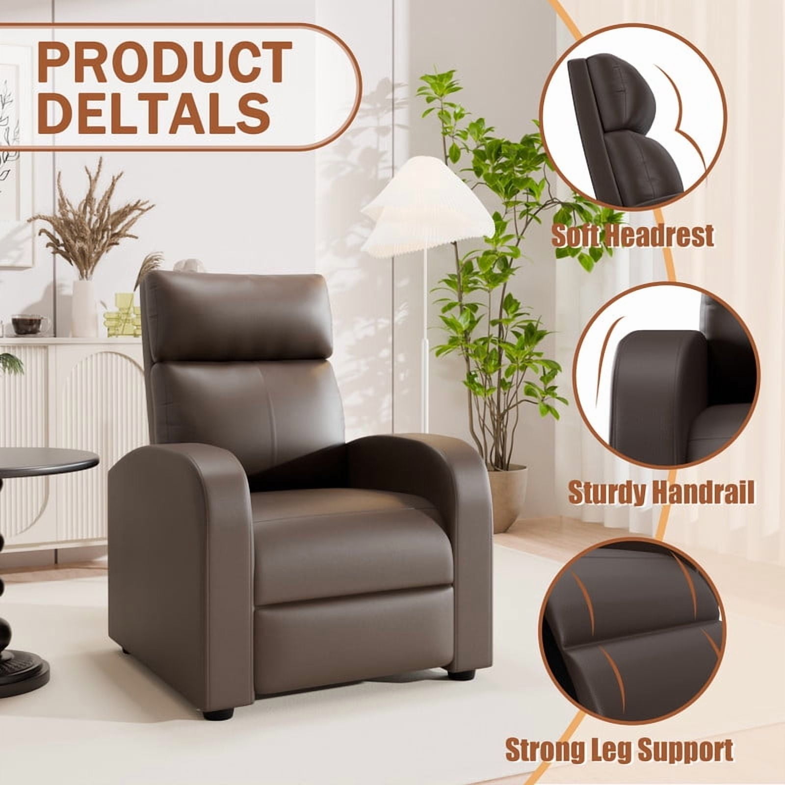 Furmax Recliner Chair Pu Leather Single Sofa Home Theater Recliners with 2 Point Massage Function for Living Room,PU Brown
