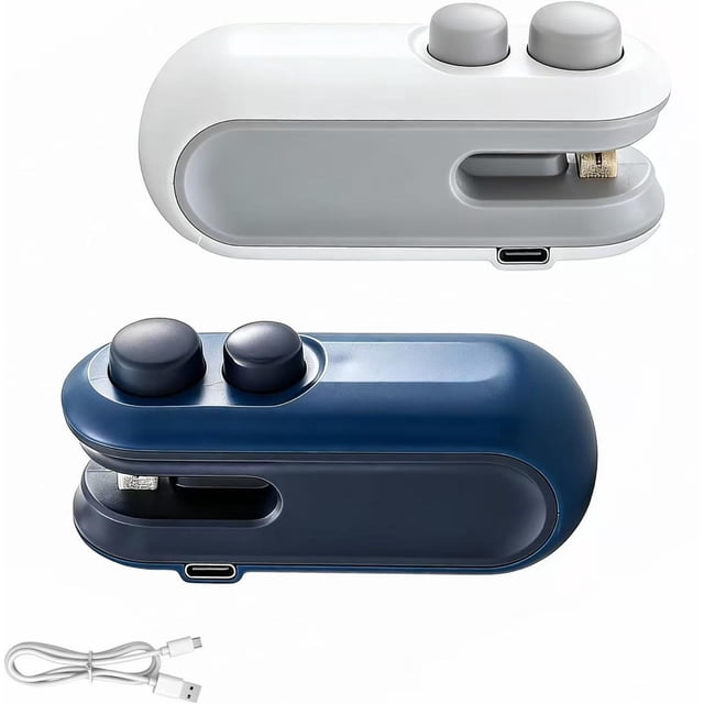 Mini sellador de bolsas 2 en 1 mejorado con cortador, recargable, portátil, para bolsas de plástico y almacenamiento de alimentos (blanco y azul)