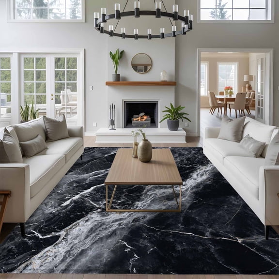 8x10 Washable Area Rug, Abstract Art Non-Slip Extra Large Rectangle Rug for Living Room Bedroom, Dark Gray Marble Texture Modern Simple Indoor Floor Mat for Home Decor