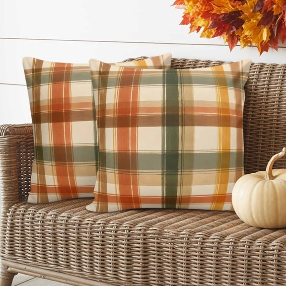 Orange Green Checked Throw Pillow Covers 16x16 Inch Set of 2, Fall Thanksgiving Buffalo Plaid Waterproof Outdoor Pillow Covers, Decorative Cushion Pillowcases for Couch, Sofa, Bed, Garden, Patio