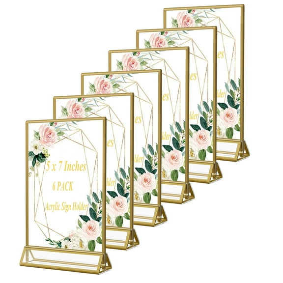 ZEECER 5x7 Acrylic Sign Holders 6 Pack Gold Table Number Holder for Wedding Picture Frame Stand Double Sided Table Menu Stands with Vertical Stand, Photos and Art Display
