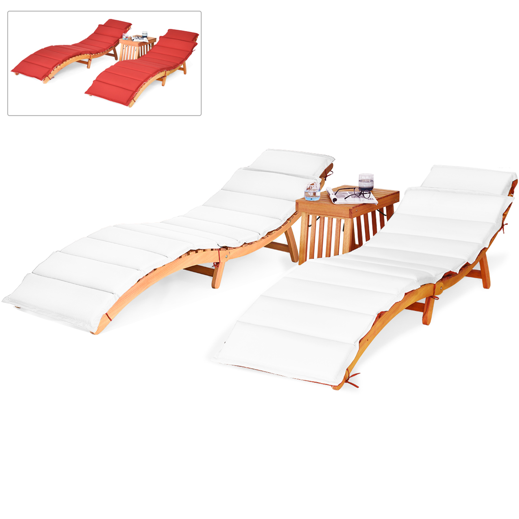 Costway 3PCS Wooden Folding Lounge Chair Set Cushion Pad Pool Deck - image 4 of 10