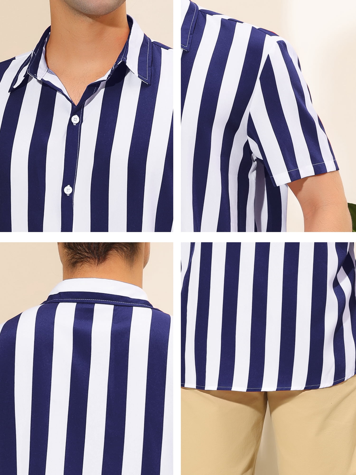 Unique Bargains Men's Short Sleeved Color Block Button Down Beach Stripe Shirt XL Navy Blue