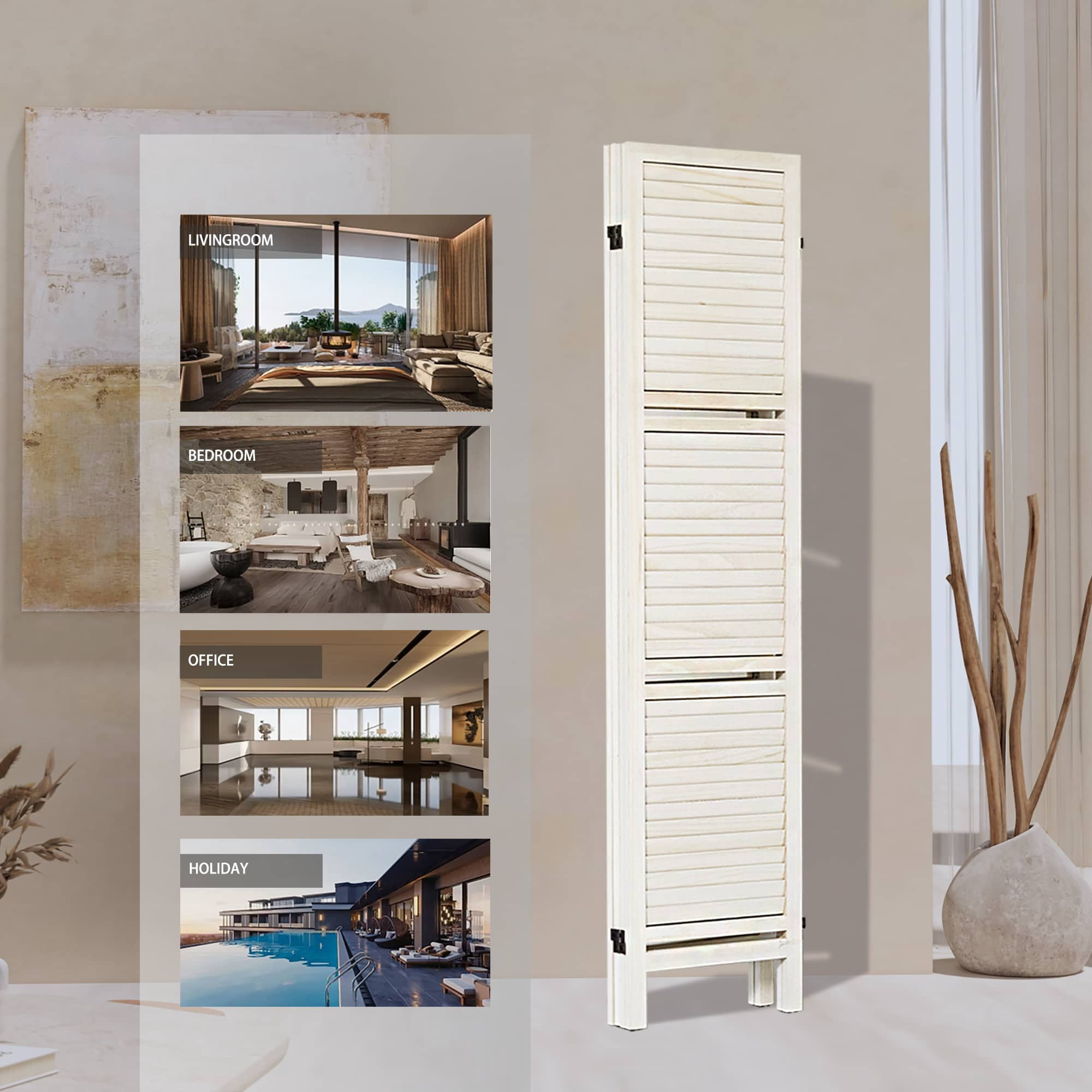 MAYEERTY 4 Panel Freestanding Room Divider with Shelves, 5.6Ft Folding Privacy Screens, Warm White