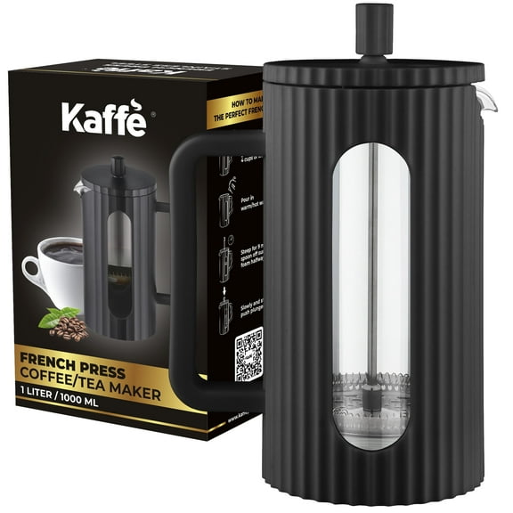 Kaffe Large French Press Coffee Maker. Double-Wall Stainless Steel Tea & Coffee Press with Extra Filter , Black (1L)