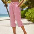 thumbnail image 2 of Striped Capri Pants for Women Loose Fit Straight Leg Cropped Pant Casual Summer Drawstring Elastic Waist Trousers Red L, 2 of 7