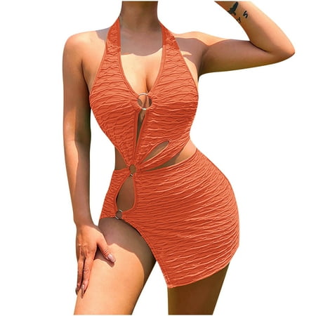 

Wedding Guest Dresses for Women Womens Dresses Fashion Women Party Plain Sleeveless Halter Strapless Ring Vest Mini Dress Savings Clearance Maternity Dress Prom Dresses for Teens Orange S