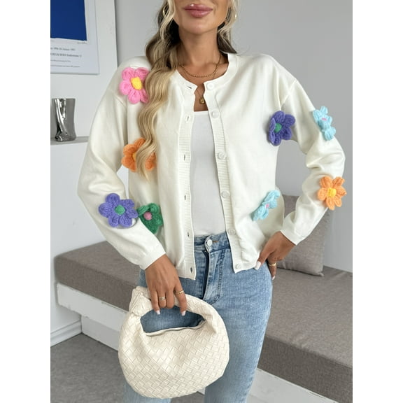 Women’s Knit Sweater with Solid Color & Floral Design