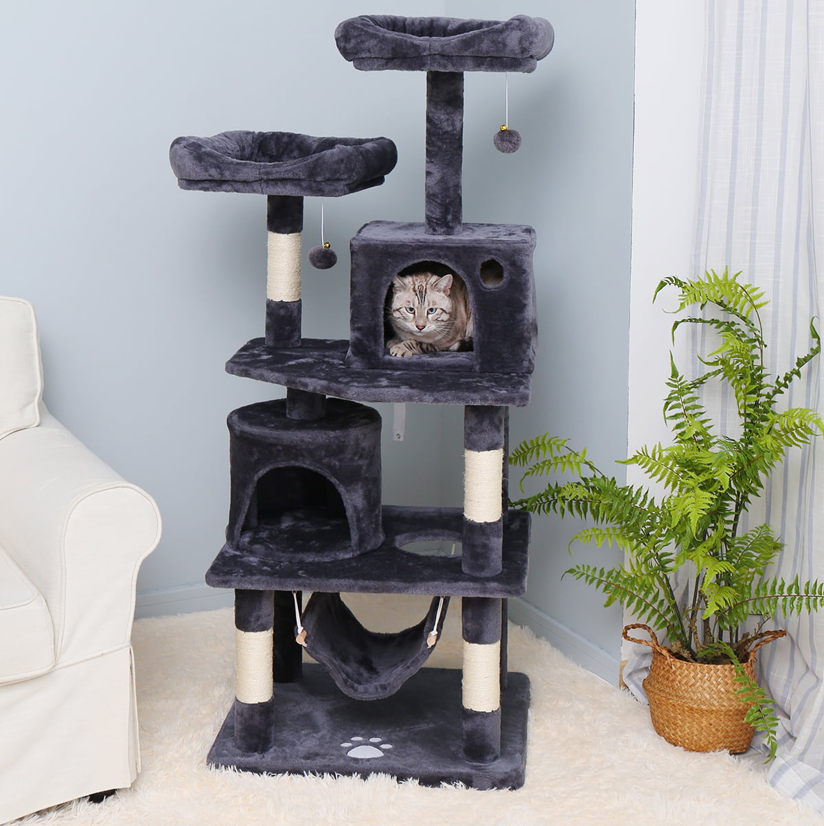 57 inches Multi Level Cat  Tree with Cozy Perches Stable Hammock Cat  Tower Cat  Condo Pet Play  