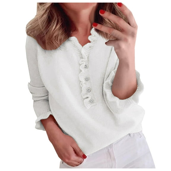 Arlun Women's V-Neck Sweaters Button down Long Sleeve Ruffle Cuff Knitted Pullover Solid Color Soft Comfort Lightweight Stylish Work Casual Jumper Tops White XL