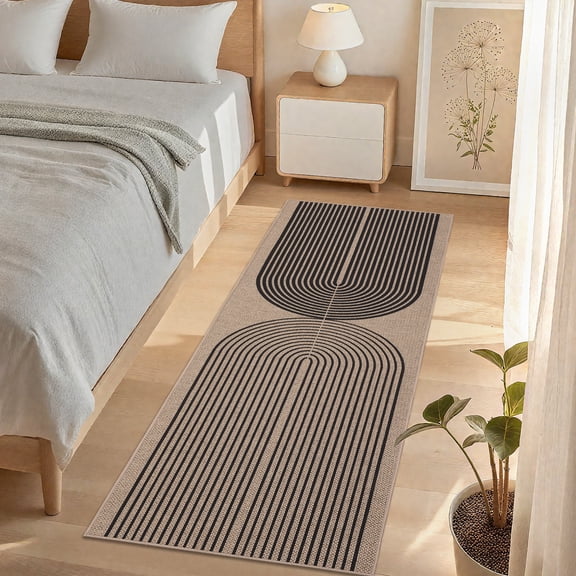 GlowSol Modern Jute Runner Rug 2x6ft – Washable, Non-Slip, Arch Striped Carpet for Entryway, Kitchen, Bedroom, Mark Resistant – Linen/Black