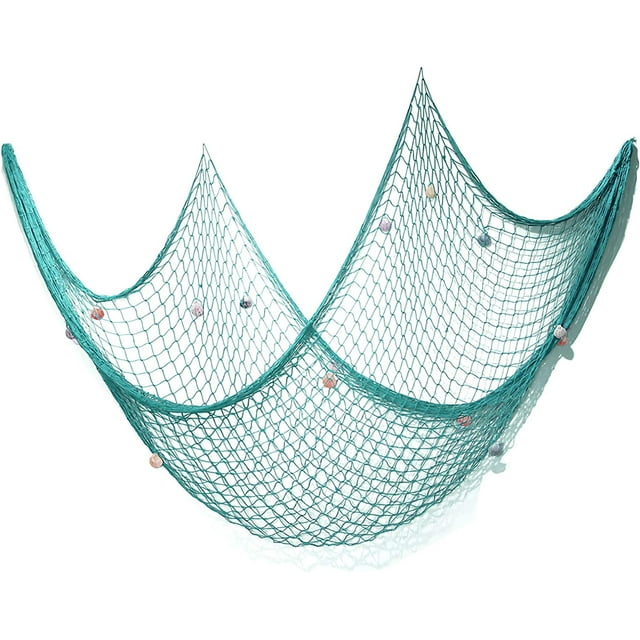 eZAKKA Decorative Fish Netting, Fishing Net Decor, 79 x 59 Inch Ocean Pirate Beach Theme Party Home Decorations, Mediterranean Style Decor Nautical Decorative Fish Net with Sea Shells, Turquoise