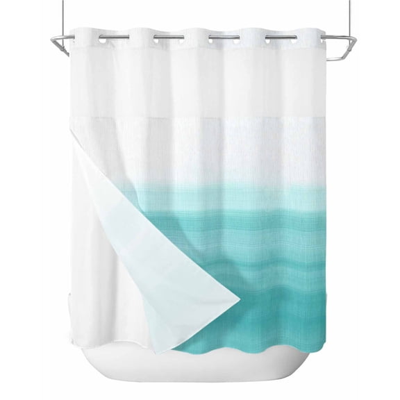 No Hook Shower Curtains, Aqua White Ombre Long Bathtub Curtains with Snap in Liner, Chic Modern Funny Abstract Striped Art Waterproof Washable Fabric Bathroom Shower Curtain Sets, 72" x 78"