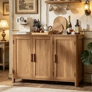 Joaxswe 46" Mid Century Modern Sideboard Cabinet, Arc-Shaped Credenza with 3 Doors & Adjustable Shelves, Natural Finish for Kitchen, Living Room