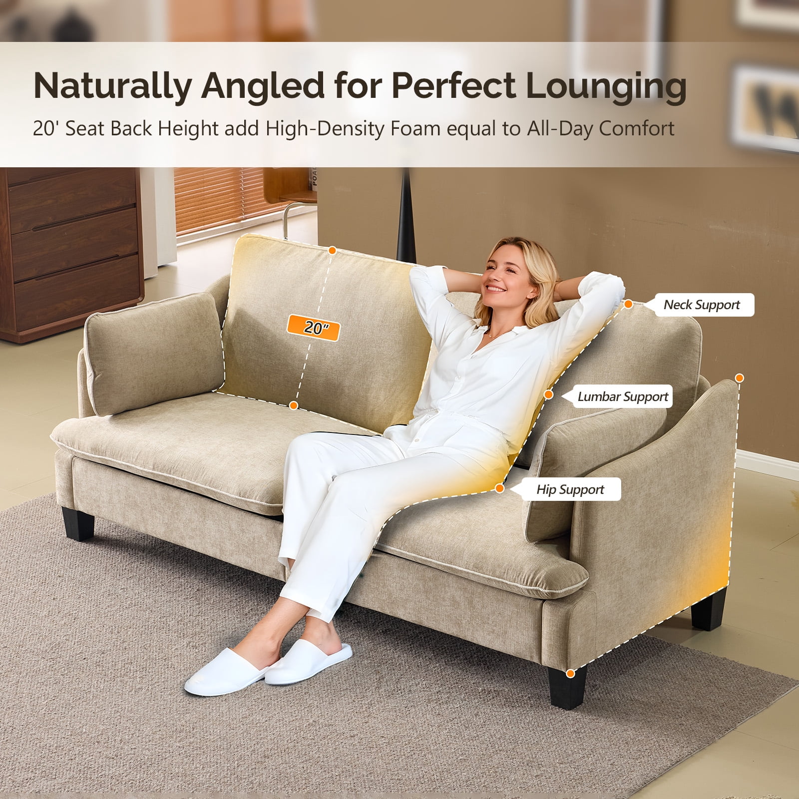 Ktaxon 84" Sofa, Linen Fabric Deep Seat Couch with Lumbar Pillows, Oversized Loveseat for Small Spaces, Living Room Light Khaki
