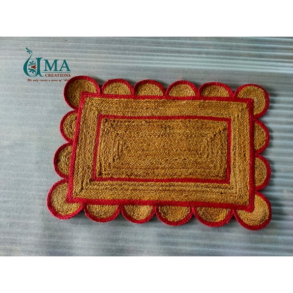 2x3 Scalloped Jute Doormat Rug , Scallop Rag Rug Doormat with Red Outlines