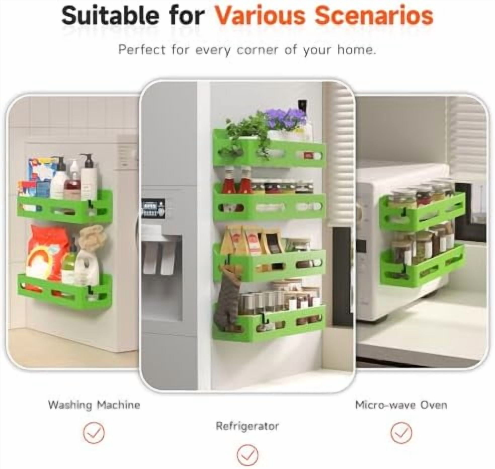 4 Pack Strong Magnetic Spice Rack for Refrigerator, Multipurpose Magnetic Shelf for Fridge with 4 Hooks for kitchen and Bathroom Organization, Green