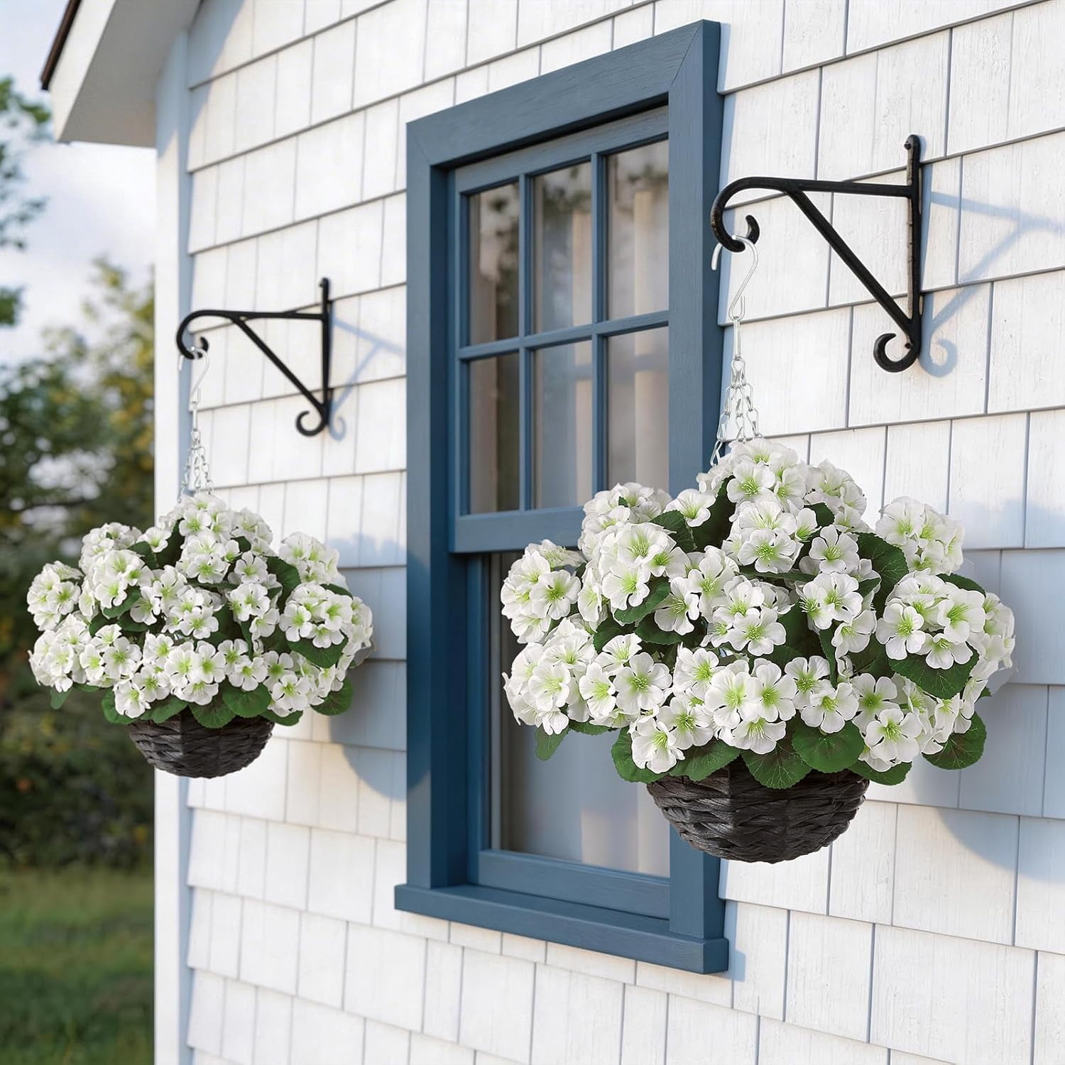 2 Set Artificial Geraniums Flowers with Hanging Baskets for Outdoors - Sun Resistant Silk with Geranium Flowers, Fake Hanging Planters for Front Porch Garden Patio Home Decor (White)