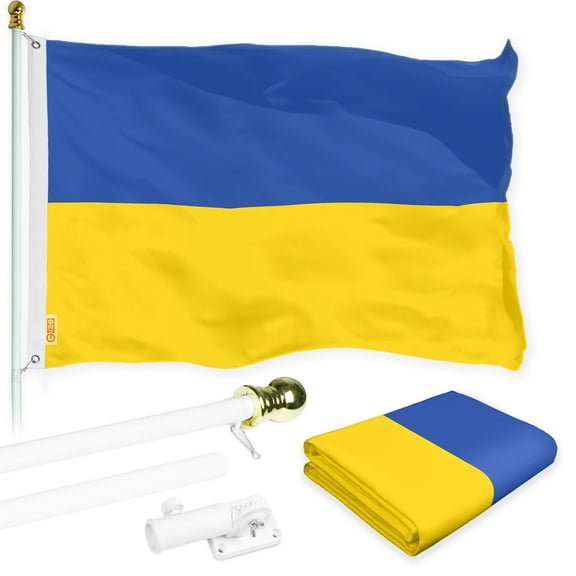 G128 Flag Pole 6FT White Tangle Free & Ukraine Ukrainian Flag 3x5FT Combo Printed 150D Polyester