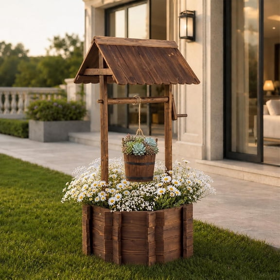 CMMP Wooden Wishing Well Outdoor Planter, Rustic Flower Pot with Adjustable Hanging Bucket, Carbonized 22"