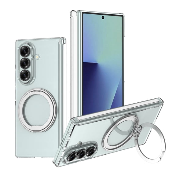 ELEHOLD For Samsung Galaxy Z Fold 7 Clear Magnetic Case, Slim Shockproof Hard PC Magnetic Ring Kickstand Protection Cover With Magnetic Hinge Protection,Silver