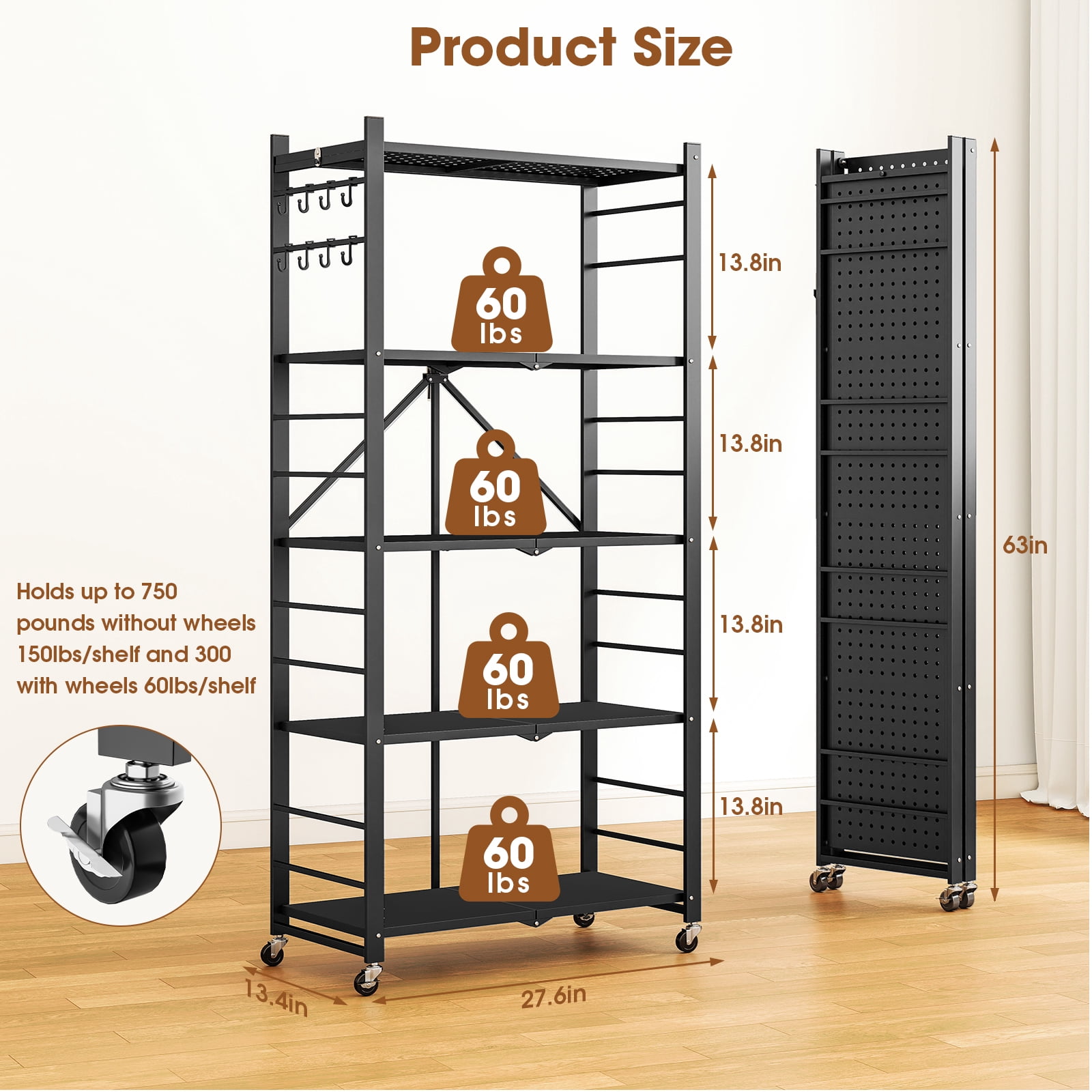Vebreda 5-Tier Heavy Duty Foldable Metal Storage Shelf with 3 Hooks, Kitchen Organizer Rack, Black