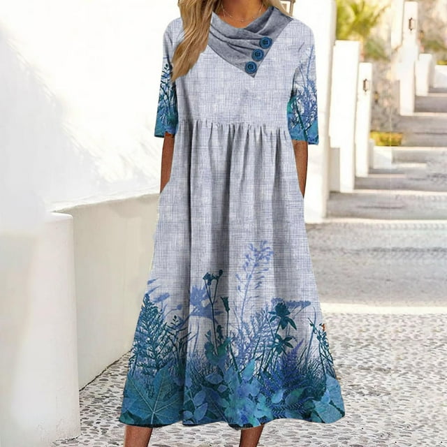 Robes de Soirée Mode Femmes Décontractées Aguichant Col en V Imprimé Été Manches Courtes Poches Robe Femmes en Liquidation