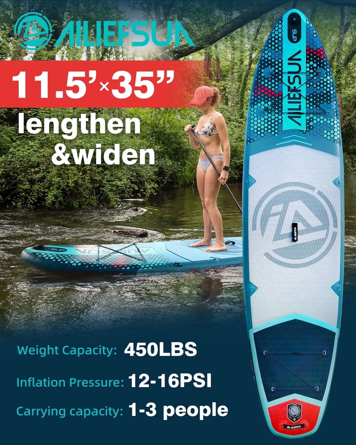 Azure Mist 11'6"*35"*6" Ailiefsun Stand Up Paddle Board Inflatable Stable Sup Board with Fishing Paddleboards Accessories for Adults Youth Wide Non-Slip Deck Surfboard