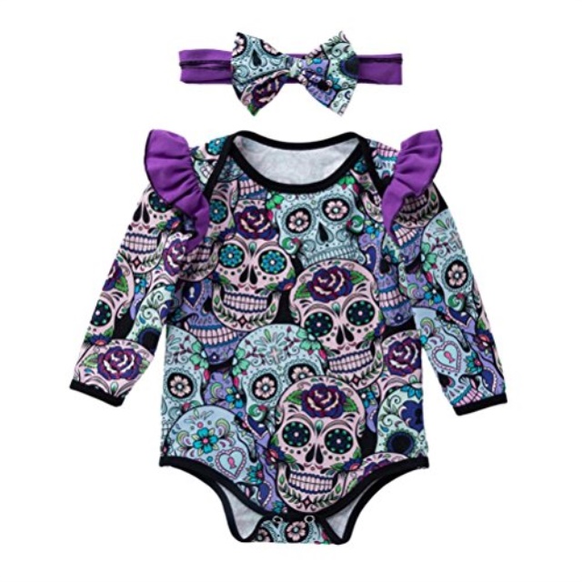 2Pcs Halloween Newborn Baby Boys Girls Skull Flower Romper Jumpsuit Outfits Set
