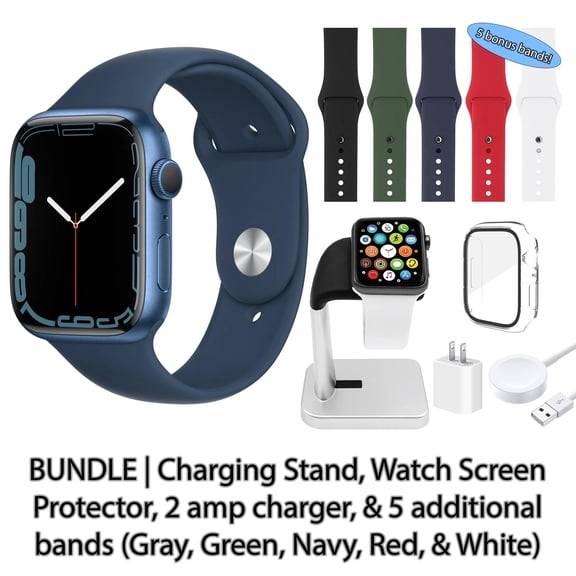 Apple Watch Series 7 (GPS Cellular, 41 mm) Blue Aluminum Case with Abyss Blue Sport Band, 5 Bonus Bands, Charging Stand, Screen Protector, & 2 amp charger