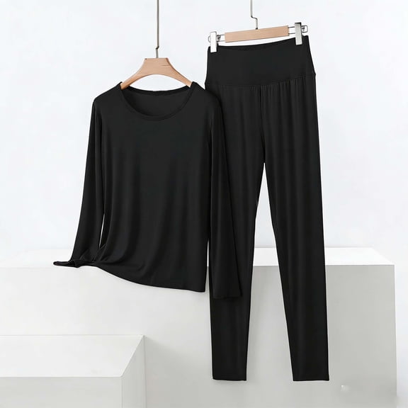 NTACZA Women Pajamas Modal Crew Neck Top and Long Pants Soft Sleepwear Sets 2 Piece Solid Homewear Nightwear Black L