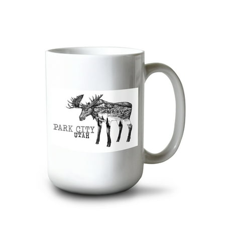 

15 fl oz Ceramic Mug Park City Utah Moose and Mountains Double Exposure Dishwasher & Microwave Safe
