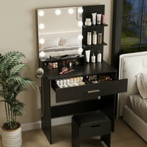 Veanerwood LED Lights Dressing Table Dressing Stool Table Set black