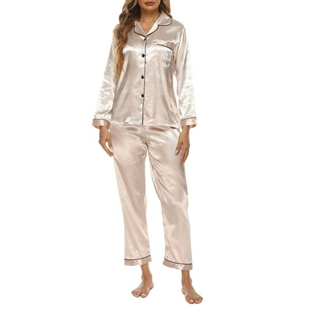 

PERZOE Women Homewear 1 Set Women Top Pants Solid Color Long Sleeve Single Breasted Summer Autumn Homewear Turndown Collar Pajamas Set for Home