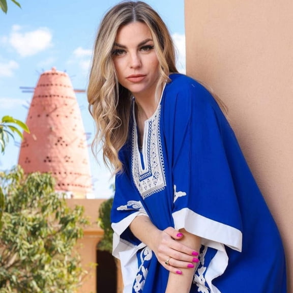 Amazing Blue plus size embroidered Kaftan, Loose fit Bohemian Caftan