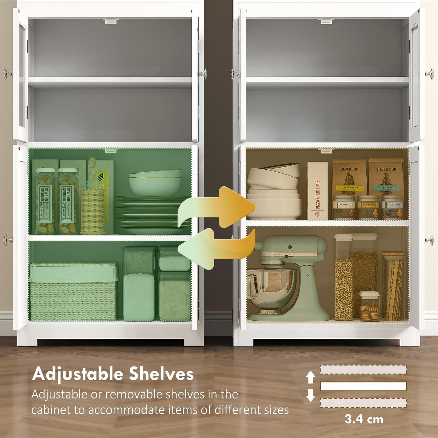 Demi Bonn 63" Buffet Storage Cabinet with Hutch, 4-Door Pantry, Adjustable Shelves for Kitchen, Living Room & Dining Spaces, White