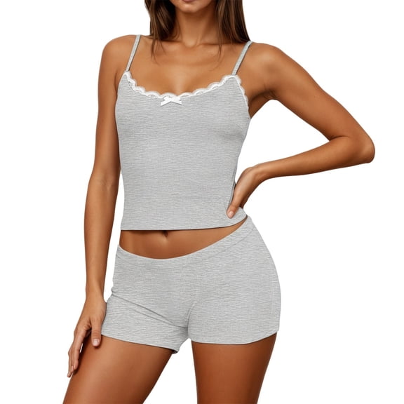 JIAYUE Women's Pajamas Set Leisure Lace Solid Color Sleeveless Tops And Shorts Outfit Comfortable Summer Home Lightweight Sleepwear Two Piece Outfits