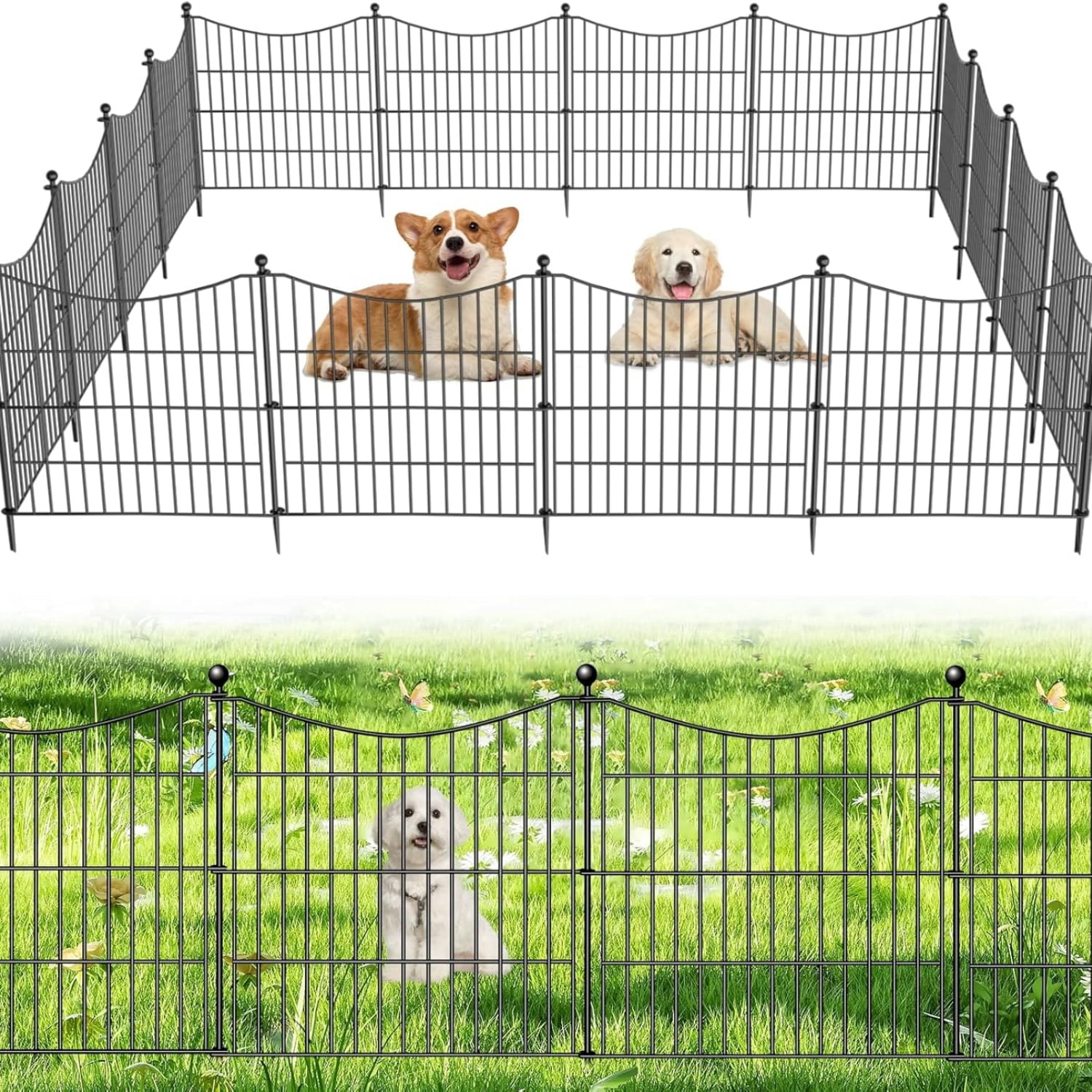 5 Panels No Dig Dog Fence Outdoor for Yard, 24 in(H) X 10 ft(L) Decorative Tall Garden Fence Animal Barrier, Rustproof Metal Wire Garden Edging and Borders, Temporary Fencing Stakes