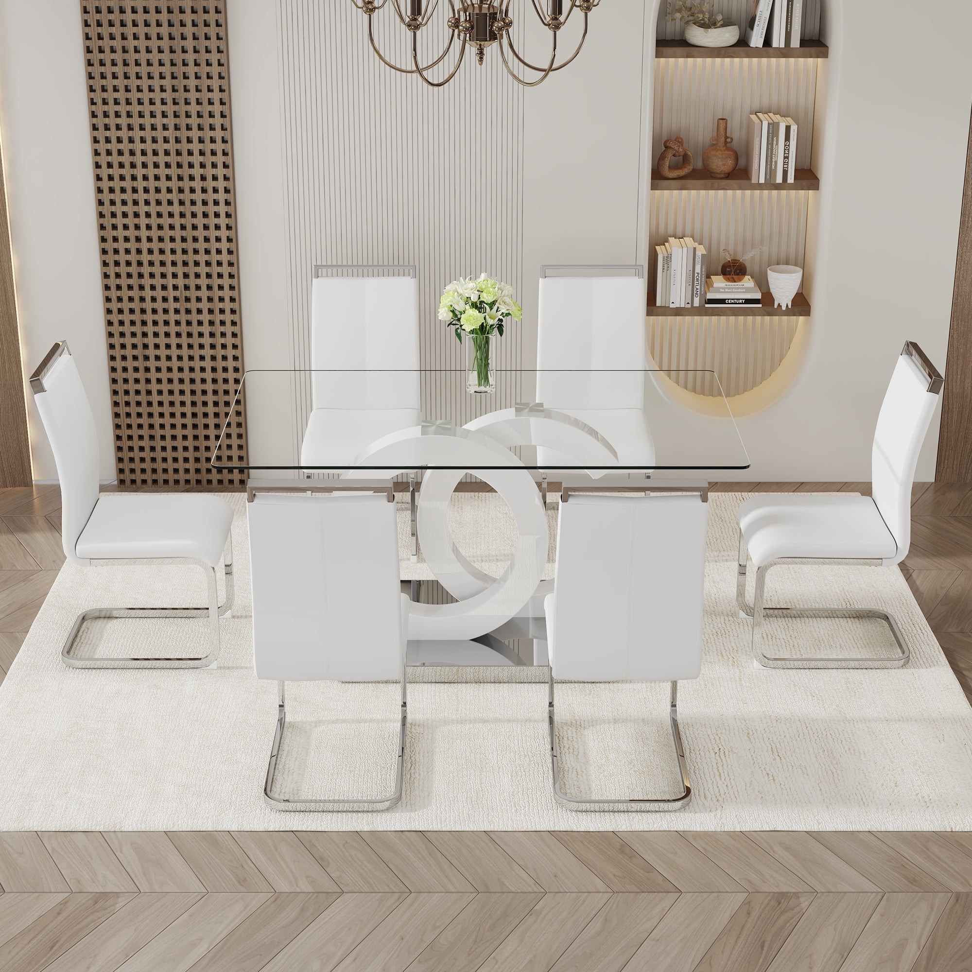 LUFTUT 7-Piece Glass Dining Table Set for 6, 63" Rectangular Tempered Glass Table with White OC-Shaped MDF Pedestal & Silver Base, 6 PU Leather Chrome Cantilever Chairs
