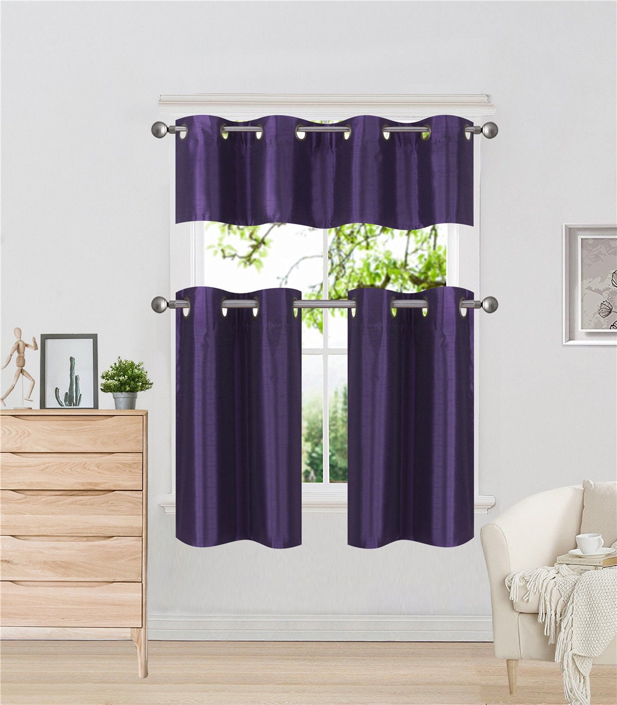 K7 Purple 3Piece Solid Faux Silk Blackout Grommet Kitchen Window