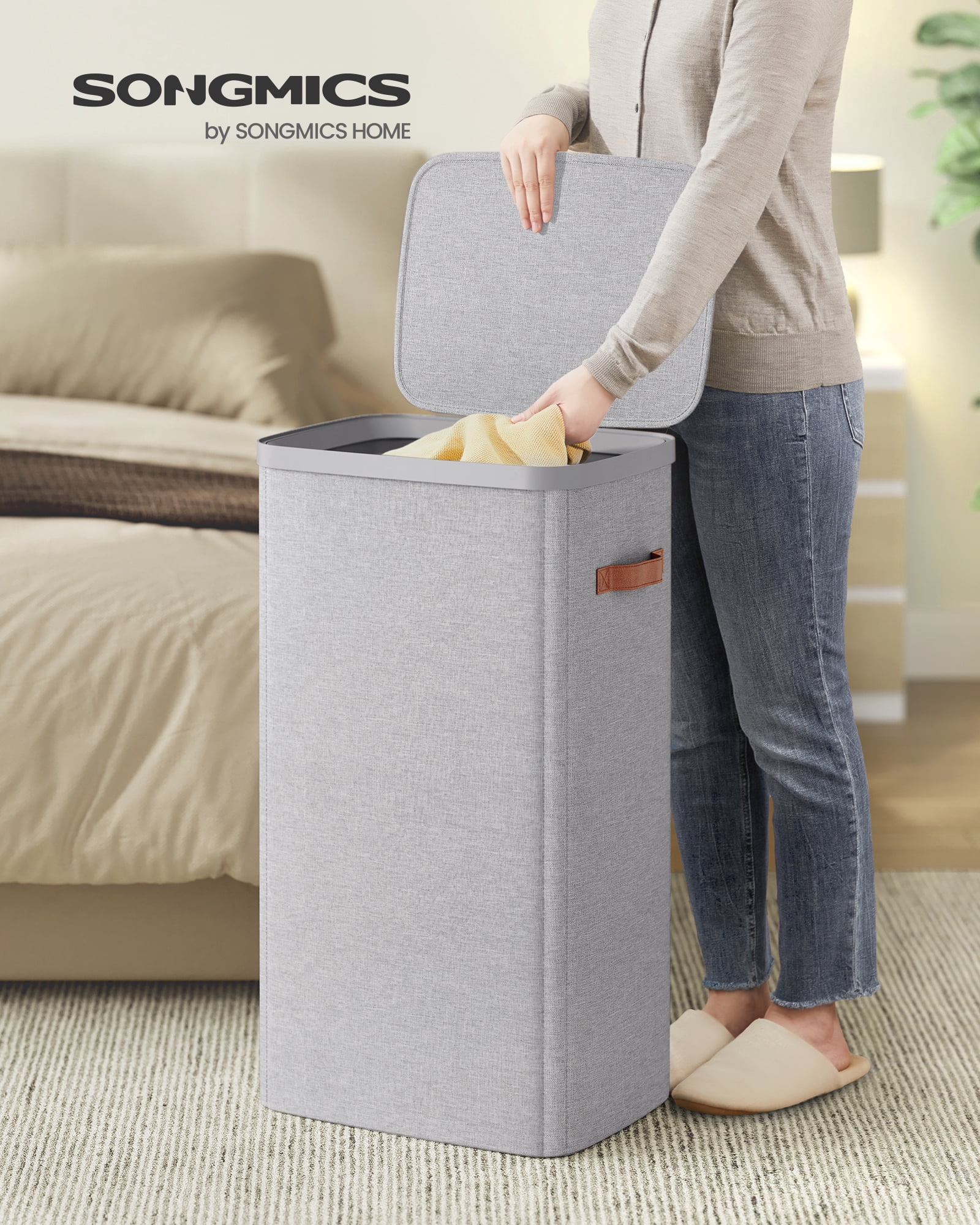 SONGMICS Laundry Basket, 26.4 Gal. Laundry Hamper, Easy Assembly, with Lid and Handles, Removable Liner, 16.5 x 12.6 x 29.5 Inches, Dove Gray