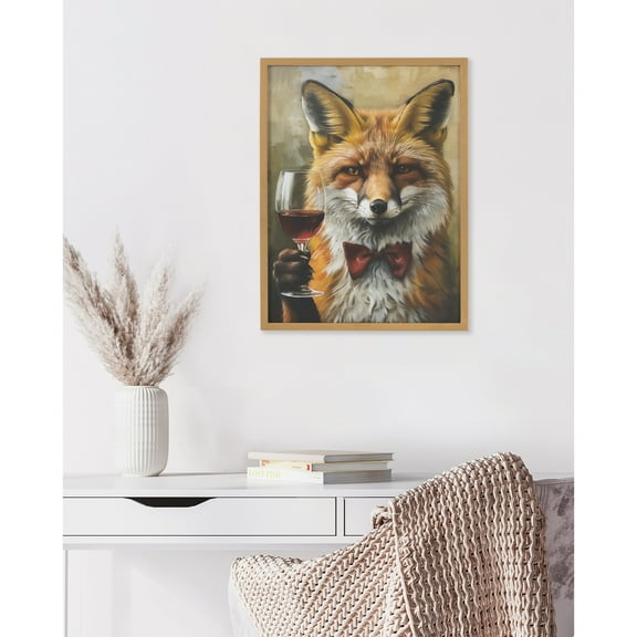 Kate and Laurel Traditional Fox Wine Tasting Framed Wall Art by The Creative Bunch Studio, 12x16 Gold, Cute Fox Wine Art for Wall