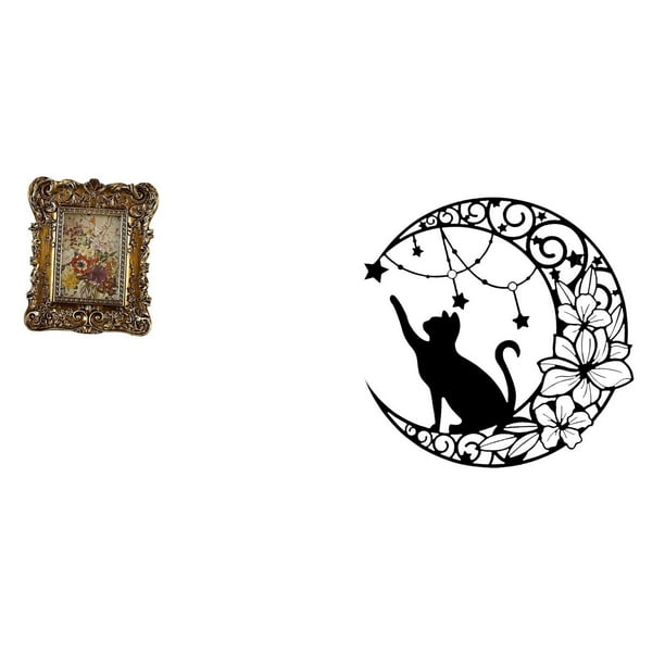 Marco de fotos floral tallado a mano de pared, soporte para cuadros antiguos, escultura decorativa de gato negro montada en la pared para ofi