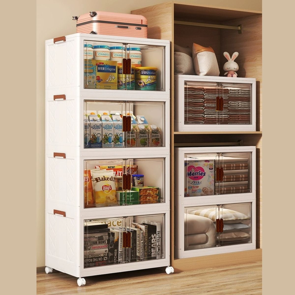 Jiarui 3 Tier Stackable Plastic Storage Bins with Lids, Collapsible Plastic Drawer Closet Organizers with Wheels