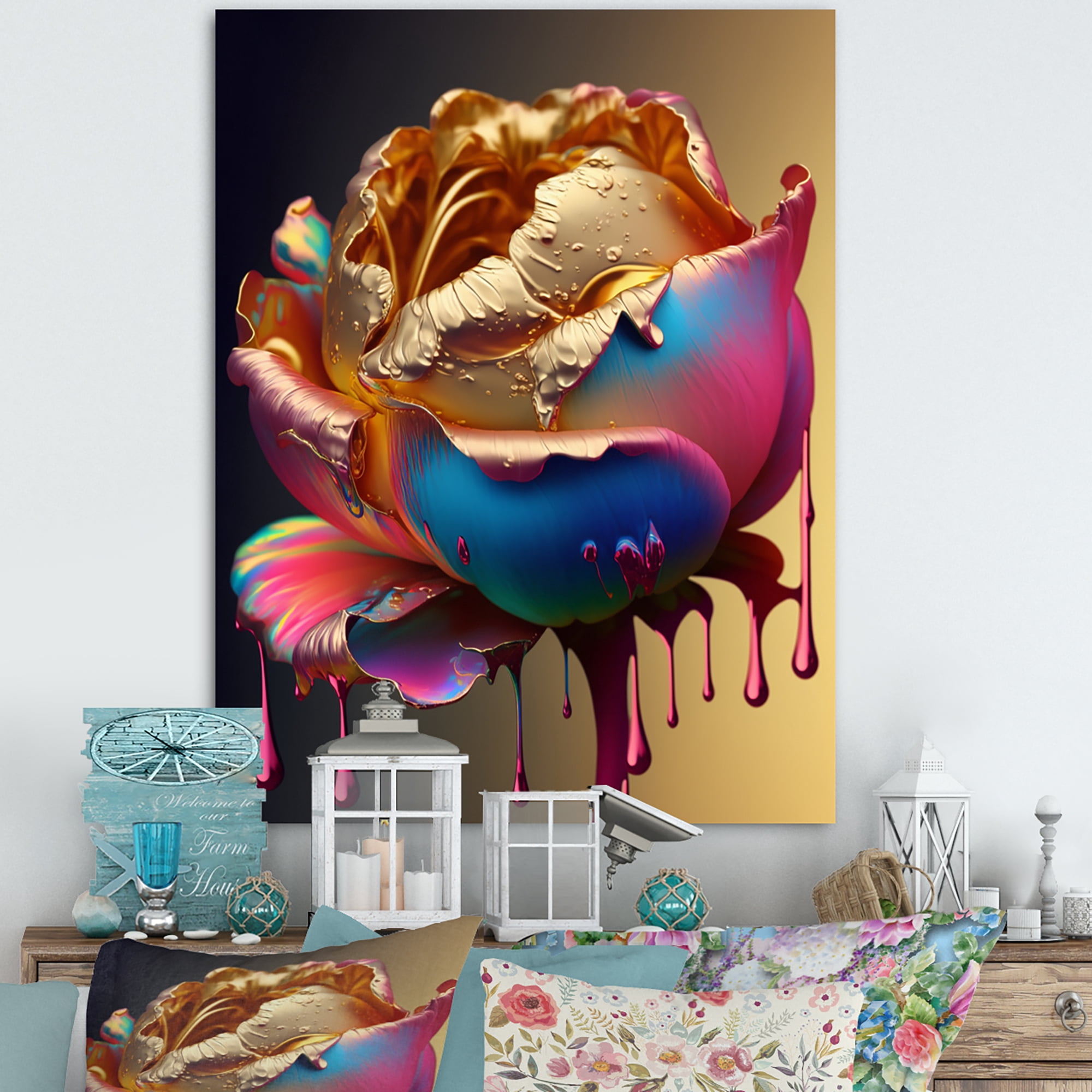 Designart Rainbow Peony Liquid Gold Drips Hyper VI Canvas Wall Art