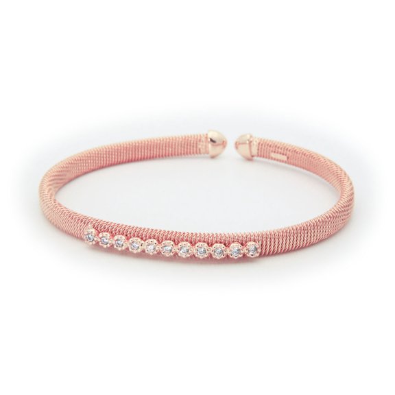 Designer .925 Sterling Silver Linear Cubic Zirconia Row Bangle Bracelet dipped in Rose Gold